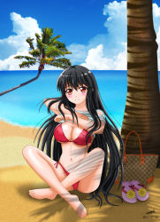 Rule 34 | 1girl, bag, barefoot, beach, bikini, black hair, breasts, cleavage, cloud, covered erect nipples, day, handbag, highres, horizon, indian style, large breasts, nihility, original, outdoors, red bikini, red eyes, sandals, shoes, unworn shoes, sitting, sky, solo, swimsuit, undressing