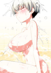 Rule 34 | 1girl, bathroom, blonde hair, blush, breasts, closed mouth, commentary request, closed eyes, highres, hitotose rin, large breasts, navel, nipples, nude, short hair, sitting, solo, uzaki-chan wa asobitai!, uzaki hana, wet, wet hair