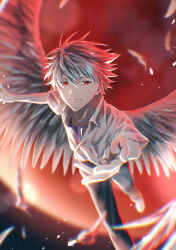 Rule 34 | 1boy, absurdres, breast pocket, closed mouth, collared shirt, commentary request, emu (ain54971), feathered wings, feathers, grey hair, highres, looking at viewer, male focus, nagisa kaworu, neon genesis evangelion, pocket, red eyes, shirt, short hair, short sleeves, solo, wings