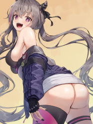 Rule 34 | 1girl, :d, akasaki koyo, ass, azur lane, bare shoulders, black gloves, black nails, black ribbon, blush, breasts, bright pupils, brown hair, cone hair bun, fang, fingerless gloves, from behind, gloves, gradient background, hair bun, hair ribbon, jacket, large breasts, leaning forward, long hair, long sleeves, looking at viewer, looking back, multicolored hair, nail polish, no panties, open clothes, open jacket, open mouth, pink hair, purple eyes, purple jacket, ribbon, san francisco (azur lane), sideboob, skirt, smile, solo, streaked hair, teeth, thigh strap, twintails, two-tone hair, two-tone legwear, underbust, upper teeth only, upskirt, very long hair, white skirt, yellow background