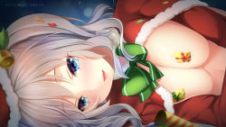 Rule 34 | 10s, 1girl, blue eyes, blush, breasts, breasts out, christmas, commentary request, hat, highres, kantai collection, kashima (kancolle), long hair, looking at viewer, lying, on side, open mouth, paint musume, pasties, santa costume, santa hat, sidelocks, silver hair, smile, solo, tsurime, twintails, wavy hair