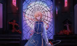 Rule 34 | 1boy, absurdres, blonde hair, blue fire, blue tabard, candle, chain, eyeball, fire, flower, highres, hunter x hunter, jewelry, kurapika, looking at viewer, male focus, multiple rings, red eyes, ring, rose, shirt, short hair, solo, tabard, white shirt, xiuning233