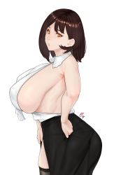 Rule 34 | 1girl, asymmetrical hair, bare arms, black skirt, breasts, hand on own hip, head tilt, highres, huge breasts, mole, mole under eye, office lady, orange eyes, original, profile, sideboob, simple background, skindentation, skirt, sleeveless, solo, thighhighs, thighs, tight clothes, white background, zcune