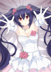 Rule 34 | 1girl, alternate costume, armpits, arms up, bare shoulders, bed, black hair, blue hair, blush, breasts, bridal veil, bride, choujigen game neptune, cleavage, closed mouth, compile heart, crown, dress, elbow gloves, excited, eyebrows hidden by hair, eyes visible through hair, flower, from above, gloves, hair between eyes, hair flower, hair ornament, happy, highres, hug, idea factory, jewelry, long hair, looking at viewer, lying, medium breasts, neck, necklace, neptune (series), noire (neptunia), on back, on bed, outstretched arms, paid reward available, pink flower, pink rose, reaching, reaching towards viewer, red eyes, ring, rose, smile, solo, strapless, strapless dress, thighhighs, tiara, tsundere, twintails, underwear, veil, very long hair, wedding dress, wedding ring, white dress, white gloves, zatsu