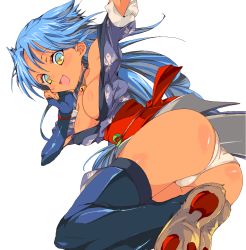 Rule 34 | 1girl, :d, alice soft, ass, bare shoulders, bell, blue hair, breasts, cleavage, elbow gloves, fingerless gloves, gloves, japanese clothes, kimono, kugimiya atsuki, long hair, medium breasts, multicolored eyes, open mouth, panties, rance (series), sengoku rance, short kimono, smile, solo, suzume (rance), thighhighs, underwear, white panties