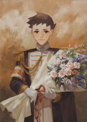 Rule 34 | 1boy, ace attorney, armband, black cape, black hair, black jacket, bouquet, brown eyes, cape, closed mouth, cowboy shot, epaulettes, flower, gloves, highres, holding, holding bouquet, jacket, long sleeves, looking at viewer, male focus, military, military uniform, ryunosuke naruhodo, raycrodu h, short hair, smile, solo, standing, the great ace attorney, the great ace attorney: adventures, uniform, white gloves