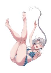 Rule 34 | ;d, absurdres, akitsushima (kancolle), aqua bikini, arm up, armpits, ass, bare legs, barefoot, bikini, blush, breasts, cleavage, earrings, feet, frilled bikini, frills, full body, highres, jewelry, kantai collection, legs up, long hair, medium breasts, non-web source, one eye closed, open mouth, outstretched hand, purple eyes, side ponytail, silver hair, simple background, smile, soles, solo, swimsuit, toes, very long hair, w, white background, yukiguni yuu