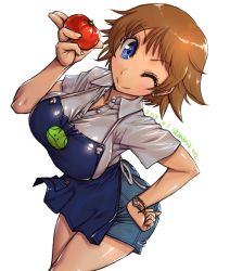 Rule 34 | 10s, 1girl, ;), amania orz, apron, blue eyes, bracelet, breasts, brown hair, cleavage, collared shirt, dated, earrings, gundam, gundam build divers, hand on own hip, haro, impossible clothes, impossible shirt, jewelry, large breasts, looking at viewer, miniskirt, nanase nanami (gundam build divers), one eye closed, shirt, short hair, short sleeves, simple background, skirt, smile, solo, tomato, twitter username, unbuttoned, unbuttoned shirt, watch, white background, white shirt, wristwatch