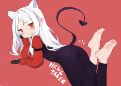 Rule 34 | 1girl, absurdres, animal ears, barefoot, bob (pixiv49522586), cerberus (helltaker), grey hair, helltaker, highres, looking at viewer, lying, no shoes, no socks, on stomach, pointy ears, red background, red eyes, simple background, soles, solo, tail, the pose, toes, white hair