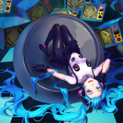 Rule 34 | 1girl, alternate costume, aqua eyes, aqua hair, black gloves, blurry, checkered floor, crossover, foreshortening, gloves, hatsune miku, headphones, heart, long hair, lying, mi lu-zi, on back, open mouth, pantyhose, persona, persona 4: dancing all night, persona dancing, smile, solo, suspenders, television, twintails, upside-down, very long hair, vocaloid