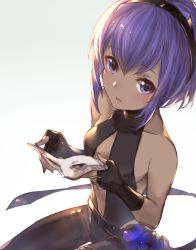 Rule 34 | 1girl, bare shoulders, black gloves, black hairband, breasts, dark-skinned female, dark skin, fate/prototype, fate/prototype: fragments of blue and silver, fate (series), fingerless gloves, gloves, hair between eyes, hairband, hassan of serenity (fate), holding, holding mask, mask, medium breasts, mirei kh13, navel, open mouth, purple eyes, purple hair, short hair, simple background, solo, teeth, tongue, white background