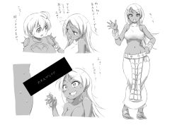 Rule 34 | 1boy, 1girl, breasts, censored, cleavage, commentary request, dancer (fft), dark skin, final fantasy, final fantasy tactics, greyscale, large breasts, long hair, midriff, monochrome, nude, penis awe, ramza beoulve, takomeshi