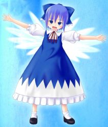 Rule 34 | 1girl, blue dress, blue eyes, blue hair, bow, cirno, dress, female focus, hair bow, jpeg artifacts, large bow, matching hair/eyes, outstretched arms, short hair, smile, solo, spread arms, embodiment of scarlet devil, touhou, tsubasa (abchipika), wings