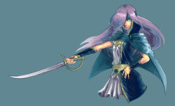Rule 34 | 1990s (style), androgynous, blue eyes, cape, faris scherwiz, final fantasy, final fantasy v, gender request, glorel, hair over one eye, hand on own hip, headband, hip focus, long hair, outstretched arm, purple hair, retro artstyle, reverse trap, simple background, sleeveless, smile, solo, sword, weapon