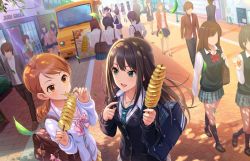 Rule 34 | 10s, 2girls, bowtie, eating, faceless, faceless female, faceless male, food, green eyes, houjou karen, idolmaster, idolmaster cinderella girls, idolmaster cinderella girls starlight stage, jewelry, leaf, long hair, multiple girls, necklace, necktie, official art, school uniform, shibuya rin, striped bow, striped bowtie, striped clothes, tree