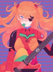 Rule 34 | 1girl, artist name, bad id, bad twitter id, blue eyes, bodysuit, commentary, electric guitar, english commentary, evangelion: 3.0 you can (not) redo, eyepatch, fender telecaster, floating hair, guitar, highres, holding, holding guitar, holding instrument, instrument, interface headset, long hair, looking at viewer, neon genesis evangelion, pilot suit, plectrum in mouth, plugsuit, rebuild of evangelion, red bodysuit, red hair, solo, souryuu asuka langley, star-shaped pupils, star (symbol), symbol-shaped pupils, upper body, vitamincera