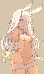 Rule 34 | 1girl, :d, animal ears, blue bow, blue eyes, blush, bow, breasts, brown background, commentary request, dark-skinned female, dark skin, gloves, long hair, looking at viewer, muranisaki, open mouth, orange thighhighs, original, puffy short sleeves, puffy sleeves, rabbit ears, short eyebrows, short jumpsuit, short sleeves, simple background, small breasts, smile, solo, teeth, thighhighs, upper teeth only, very long hair, white hair, yellow gloves