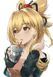 Rule 34 | 1girl, absurdres, alternate costume, bare shoulders, black jacket, blonde hair, commentary, cup, disposable cup, drinking straw, genshin impact, highres, holding, holding cup, jacket, long hair, long sleeves, nail polish, off shoulder, open clothes, open jacket, ponytail, red nails, simple background, solo, upper body, white background, y c n, yellow eyes, yoimiya (genshin impact)