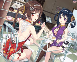 Rule 34 | 2girls, anchor hair ornament, artist name, ass, azur lane, back, backless dress, backless outfit, bare arms, bare back, bare shoulders, black hair, black legwear, breasts, brown hair, cake, cake slice, china dress, chinese clothes, cleavage, cleavage cutout, clothing cutout, cup, dated, dress, dutch angle, feet out of frame, food, food theft, fork, glass chair, glass table, hair ornament, hair rings, hairband, highres, holding, holding fork, indoors, kimyo, long hair, looking at viewer, looking to the side, medium breasts, multiple girls, ning hai (azur lane), on chair, panda, ping hai (azur lane), plate, purple dress, purple eyes, red dress, red eyes, saucer, sideboob, single thighhigh, sleeveless, sleeveless dress, small breasts, spilling, table, tareme, tassel, tea, teacup, tearing up, tears, thighhighs, tile floor, tiles, white hairband