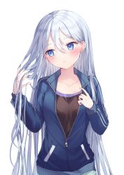 Rule 34 | 1girl, black shirt, blue eyes, blue jacket, blush, breasts, closed mouth, collarbone, commentary request, hair between eyes, hands up, head tilt, highres, jacket, long hair, looking away, looking to the side, open clothes, open jacket, paraffin, project sekai, shirt, silver hair, simple background, small breasts, solo, very long hair, white background, yoisaki kanade