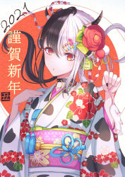 Rule 34 | 1girl, 2021, animal, bad id, bad pixiv id, black hair, black nails, floral print, flower, hair between eyes, hair flower, hair ornament, happy new year, highres, holding, holding animal, horns, inaka 44, japanese clothes, kimono, long hair, looking at viewer, mouse (animal), multicolored hair, nail polish, nengajou, new year, obi, original, parted lips, red eyes, red flower, sash, sidelocks, solo, split-color hair, two-tone hair, upper body, white hair, white kimono, wide sleeves