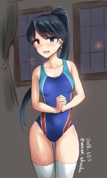 Rule 34 | 1girl, black eyes, black hair, blue one-piece swimsuit, competition swimsuit, cosplay, cowboy shot, dated, grey background, houshou (kancolle), idolmaster, idolmaster cinderella girls, idolmaster cinderella girls starlight stage, kantai collection, long hair, looking at viewer, minase (takaoka nanase), nitta minami, nitta minami (cosplay), one-piece swimsuit, open mouth, own hands clasped, own hands together, ponytail, smile, solo, standing, swimsuit, thigh gap, thighhighs, twitter username, white thighhighs, window