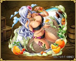 Rule 34 | 1girl, beach, bikini, blue eyes, bottle, bracelet, breasts, charlotte smoothie, cleavage, curvy, drink, food, fruit, glass, hair over one eye, hip focus, holding, jewelry, large breasts, lipstick, long hair, looking at viewer, makeup, necklace, ocean, official art, one piece, one piece: treasure cruise, orange (fruit), pineapple, purple lips, sand, shiny skin, smile, solo, swimsuit, table, tattoo, thick thighs, thighs, wide hips