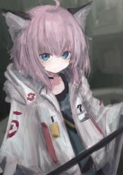 Rule 34 | 1girl, absurdres, ahoge, animal ear fluff, animal ears, arknights, blue dress, blue eyes, closed mouth, dress, hair between eyes, highres, jacket, looking at viewer, open clothes, open jacket, piennamekuzi, pink hair, solo, sussurro (arknights), white jacket
