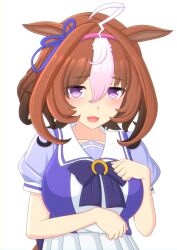 Rule 34 | 1girl, 2-butani, @ @, absurdres, ahoge, animal ears, blue shirt, blush, breasts, brown hair, commentary request, flying sweatdrops, hairband, highres, horse ears, horse girl, looking at viewer, medium breasts, meisho doto (umamusume), multicolored hair, open mouth, parted lips, pink hairband, puffy short sleeves, puffy sleeves, purple eyes, school uniform, shirt, short sleeves, simple background, smile, solo, streaked hair, sweat, tears, tracen school uniform, umamusume, upper body, white background, white hair