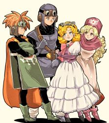 Rule 34 | 2boys, 2girls, blonde hair, blue eyes, breasts, brown hair, closed mouth, curly hair, dragon quest, dragon quest ii, dress, full body, goggles, goggles on head, goggles on headwear, hood, long hair, male focus, multiple boys, multiple girls, open mouth, prince of lorasia, prince of samantoria, princess of moonbrook, princess of samantoria, robe, saitou piyoko, short hair, simple background, smile, spiked hair, white robe