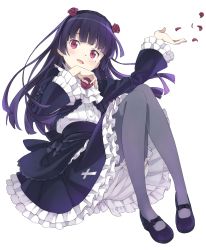 Rule 34 | 1girl, absurdres, black hair, bloomers, blunt bangs, blush, bow, cover image, cross, dot nose, dress, female focus, flower, frilled dress, frilled sleeves, frills, full body, gokou ruri, gothic lolita, grey pantyhose, hair flower, hair ornament, hairband, head tilt, highres, hime cut, kanzaki hiro, knees up, latin cross, lolita fashion, long hair, long sleeves, looking at viewer, mary janes, mole, mole under eye, novel illustration, official art, open mouth, ore no imouto ga konna ni kawaii wake ga nai, pantyhose, petals, petticoat, pigeon-toed, purple flower, purple rose, red eyes, rose, shoes, simple background, sitting, solo, straight hair, textless version, underwear, upskirt, white background, wide sleeves