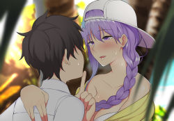 Rule 34 | 1boy, 1girl, :d, backwards hat, bare shoulders, bb (fate), bb (fate) (all), bb (swimsuit mooncancer) (fate), bb (swimsuit mooncancer) (first ascension) (fate), black hair, blush, braid, breasts, cleavage, collarbone, fate/grand order, fate (series), fujimaru ritsuka (male), hair between eyes, hair ornament, hat, highres, index finger raised, nori gorou, open mouth, purple eyes, purple hair, side braid, smile, star (symbol), star hair ornament, sweat, white hat