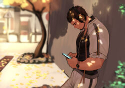 Rule 34 | 1boy, absurdres, against wall, autumn leaves, baimeme, bara, beard, black hair, dungeon and fighter, facial hair, feet out of frame, from side, headphones, highres, holding, holding phone, large pectorals, looking at phone, male focus, male priest (dungeon and fighter), mature male, muscular, muscular male, pectorals, phone, short hair, shrug (clothing), solo, thick eyebrows, tree, tree shade