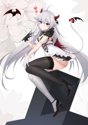 Rule 34 | 1girl, absurdres, ahoge, animal, asymmetrical gloves, asymmetrical legwear, bat (animal), black bow, black footwear, black gloves, black tail, black thighhighs, blush, bow, closed mouth, cross, demon horns, demon tail, demon wings, eyelashes, fang, flower, frills, gloves, grey flower, grey hair, hair bow, hand in own hair, heart, high heels, highres, horns, kafeifeifeifeifeifei jiemo jun, long eyelashes, long hair, looking at viewer, low wings, maid headdress, mini wings, mismatched gloves, mismatched legwear, multiple horns, puffy sleeves, red bow, red horns, red wings, skin fang, skindentation, smile, tail, tail bow, tail ornament, thighhighs, vei (vtuber), vei (vtuber) (4th costume), virtual youtuber, vshojo, white gloves, white thighhighs, wings