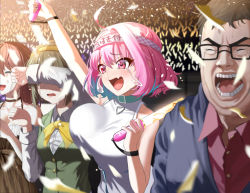Rule 34 | 1boy, 3girls, arm up, bad id, bad pixiv id, bare shoulders, black-framed eyewear, blue hair, bouncing breasts, breasts, closed eyes, collared shirt, commentary, covering own eyes, crossover, crying, crying with eyes open, double chin, dress, fang, glasses, green hair, green vest, hair between eyes, hairband, hand up, headband, heart, highres, idolmaster, idolmaster (classic), idolmaster cinderella girls, k.pumpkin, large breasts, long sleeves, meme, multicolored hair, multiple girls, neck ribbon, open mouth, otonashi kotori, pink hair, red shirt, ribbon, shirt, short hair, skin fang, symbol-only commentary, tears, teeth, tongue, two-tone hair, unaligned breasts, upper body, vest, white dress, white shirt, yellow hairband, yellow ribbon, yumemi riamu