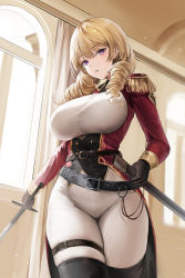 Rule 34 | 1girl, absurdres, belt, black belt, black footwear, black gloves, blonde hair, bodysuit, boots, breasts, buckle, coat, cowboy shot, drill hair, epaulettes, fringe trim, gloves, hair over shoulder, highres, holding, holding sword, holding weapon, large breasts, lillly, long sleeves, looking at viewer, medium hair, military, military uniform, original, pants, parted lips, purple eyes, red coat, ringlets, sidelocks, solo, sword, taut clothes, thigh belt, thigh boots, thigh strap, tight clothes, tight pants, underbust, uniform, unsheathed, weapon, white bodysuit, white pants