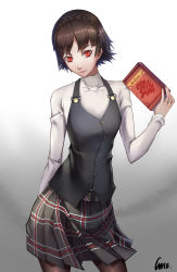 Rule 34 | 10s, 1girl, absurdres, arm behind back, black pantyhose, book, braid, brown hair, buttons, closed mouth, cowboy shot, crown braid, gins, hand up, highres, holding, holding book, light smile, lips, long sleeves, looking at viewer, niijima makoto, pantyhose, persona, persona 5, plaid, plaid skirt, pleated skirt, red eyes, school uniform, shirt, short hair, signature, simple background, skirt, solo, standing, turtleneck, vest, white shirt