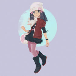 Rule 34 | 1girl, bag, beanie, black dress, black footwear, black hair, boots, bracelet, buttons, clenched hand, closed mouth, commentary, creatures (company), dawn (pokemon), dress, duffel bag, eyelashes, full body, game freak, go-lurk, hair ornament, hairclip, hat, jacket, jewelry, long hair, nintendo, open clothes, open jacket, pokemon, pokemon dppt, purple eyes, red jacket, scarf, sidelocks, sleeves past elbows, smile, solo, white bag, white hat, white scarf