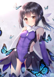 Rule 34 | 1girl, bare shoulders, black hair, blurry, blurry background, blush, breasts, brown eyes, bug, butterfly, closed eyes, depth of field, detached sleeves, fate/kaleid liner prisma illya, fate (series), female focus, gluteal fold, groin, hair ornament, head tilt, highres, insect, leotard, long hair, long sleeves, looking at viewer, miyu edelfelt, puririn, purple leotard, purple sleeves, sleeves past wrists, small breasts, smile, solo, standing, twintails, x hair ornament