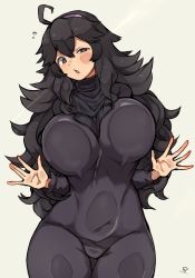 Rule 34 | 1girl, @ @, against fourth wall, ahoge, alternate breast size, black dress, black hair, blush, breasts, check commentary, cheek squash, commentary, commentary request, creatures (company), dress, game freak, hair between eyes, hairband, hex maniac (pokemon), highres, large breasts, long dress, long hair, looking at viewer, messy hair, nintendo, pokemon, pokemon xy, purple eyes, purple hairband, simple background, solo, turtleneck, umitsuki (kurage no shokushu), very long hair, white background