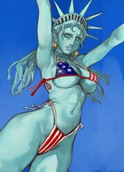 Rule 34 | 1girl, abs, american flag bikini, armpits, arms up, bikini, blue eyes, blue sky, breasts, choker, cloud, colored skin, cowboy shot, crown, dutch angle, earrings, eyelashes, flag print, fourth of july, green skin, groin, highleg, highleg bikini, highres, jewelry, large breasts, long hair, mossacannibalis, navel, nervous smile, original, outline, parted lips, personification, pubic hair, pubic hair peek, sketch, sky, smile, solo, star-shaped pupils, star (symbol), star earrings, statue of liberty, string bikini, sweat, swimsuit, symbol-shaped pupils, teeth, thighs, toned