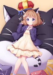 Rule 34 | 1girl, animal ear fluff, animal ears, blue bow, blue eyes, blue jacket, blush, bow, brown background, brown dress, brown hair, cat ears, cat girl, cat-shaped pillow, cat tail, closed mouth, crown, diagonal stripes, dress, feet out of frame, flower, frilled dress, frills, hair bow, hands up, highres, idolmaster, idolmaster million live!, idolmaster million live! theater days, jacket, kemonomimi mode, long sleeves, lying, on back, open clothes, open jacket, setmen, signature, sleeves past wrists, socks, solo, striped, striped tail, suou momoko, tail, white bow, white flower, white socks