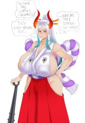 Rule 34 | 1girl, age difference, aqua hair, breasts, breasts out, bursting breasts, cleavage, gradient hair, hetero, highres, huge areolae, huge breasts, inverted nipples, long hair, multicolored hair, one piece, open clothes, open mouth, red eyes, silver hair, solo, sunnysundown, upper body, yamato (one piece)