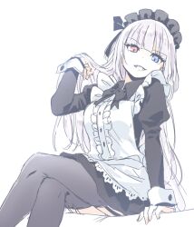 Rule 34 | 1girl, adjusting hair, apron, black bow, black bowtie, black dress, black thighhighs, blue eyes, bow, bowtie, breasts, crossed legs, dress, from below, grin, hand in own hair, heterochromia, long hair, looking at viewer, luminous valentine, maid, maid apron, maid headdress, parted lips, red eyes, rikori e, small breasts, smile, solo, tensei shitara slime datta ken, thighhighs, white apron, white background, white hair