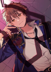 Rule 34 | 1boy, black necktie, brown eyes, brown hair, buttons, closed mouth, collared shirt, commentary request, ensemble stars!, hair between eyes, hand up, highres, jacket, jewelry, long sleeves, looking at viewer, loose necktie, male focus, misakicvj, morisawa chiaki, necklace, necktie, official alternate costume, open clothes, open collar, open jacket, shirt, short hair, solo, upper body, white shirt