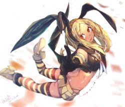 Rule 34 | 1girl, 2017, adapted costume, akieda, alternate color, alternate eye color, alternate hairstyle, arched back, back, bad id, bad pixiv id, bare shoulders, black gloves, black hairband, black panties, black ribbon, black scarf, black thighhighs, blonde hair, blurry, blush, commentary request, cosplay, crop top, dated, depth of field, elbow gloves, flat chest, from side, gloves, gravity daze, grey footwear, hairband, highleg, highleg panties, jumping, kantai collection, kitten (gravity daze), kitten (gravity daze) (cosplay), long hair, looking at viewer, microskirt, midair, midriff, motion blur, outstretched arm, panties, pleated skirt, red eyes, ribbon, rudder footwear, scarf, school uniform, serafuku, shimakaze (kancolle), shiny skin, shirt, shoe soles, shoes, sideways glance, signature, skirt, sleeveless, smile, solo, striped clothes, striped thighhighs, thighhighs, torn clothes, torn shirt, underwear, white background, yellow skirt, yellow thighhighs