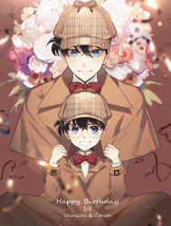 Rule 34 | 2boys, alternate costume, black-framed eyewear, blue eyes, blush, bow, bowtie, brown background, brown coat, brown hair, brown headwear, character name, child, closed mouth, coat, collared shirt, commentary request, dated, deerstalker, dual persona, edogawa conan, english text, floral background, flower, glasses, grin, hair between eyes, hands up, happy birthday, hat, kanamura ren, kudou shin&#039;ichi, lens flare, long sleeves, looking at viewer, male focus, meitantei conan, multiple boys, red bow, red neckwear, shirt, short hair, sitting, smile, white shirt