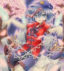 Rule 34 | 1girl, blue eyes, blue hair, blue nails, cherry blossoms, chinese clothes, contrapposto, fangs, fingernails, flat cap, hat, hitodama, looking at viewer, marker (medium), matching hair/eyes, miyako yoshika, nail polish, night, ofuda, open mouth, outdoors, outstretched arms, pale skin, petals, sharp fingernails, short hair, skirt, solo, standing, star (symbol), tombstone, touhou, traditional media, tree, wassmint, zombie pose
