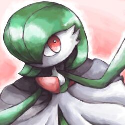 Rule 34 | bright pupils, commentary, creatures (company), english commentary, game freak, gardevoir, gen 3 pokemon, gradient background, hand up, looking to the side, nintendo, no humans, pokemon, pokemon (creature), red eyes, sailorclef, simple background, solo, white background, white pupils