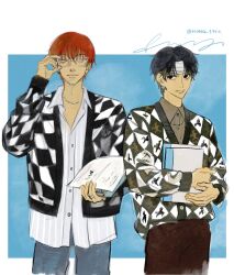 Rule 34 | 2boys, adjusting eyewear, bandaged head, bandages, black eyes, black hair, blue background, book, brown shirt, checkered clothes, checkered jacket, chrollo lucilfer, collared shirt, cowboy shot, earrings, glasses, hair between eyes, highres, hisoka morow, holding, holding book, hong 3740, hunter x hunter, jacket, jewelry, long sleeves, looking at viewer, male focus, multiple boys, open clothes, open jacket, red hair, shirt, signature, simple background, smile, white-framed eyewear, white shirt, yellow eyes